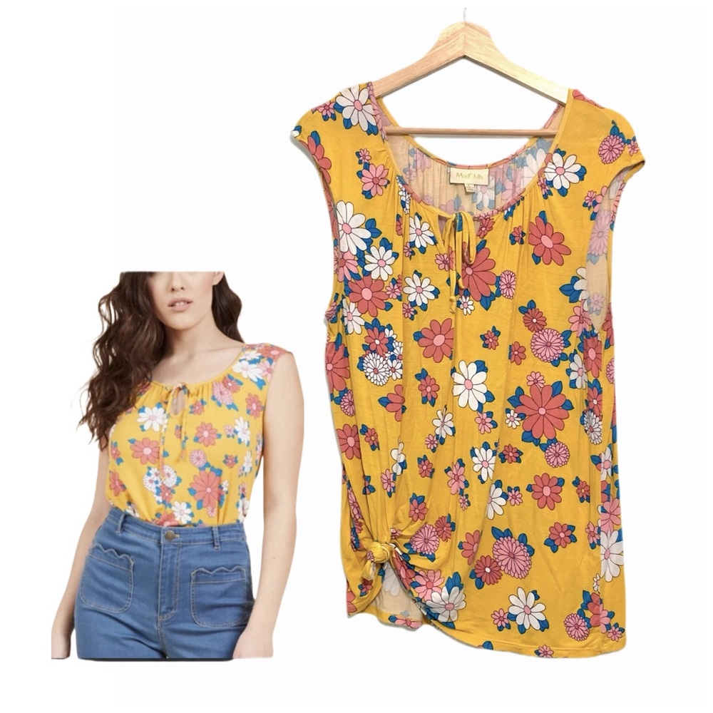 Modcloth Best and Brightest 70’s Yellow Floral Mod Retro Tank Top Size Large